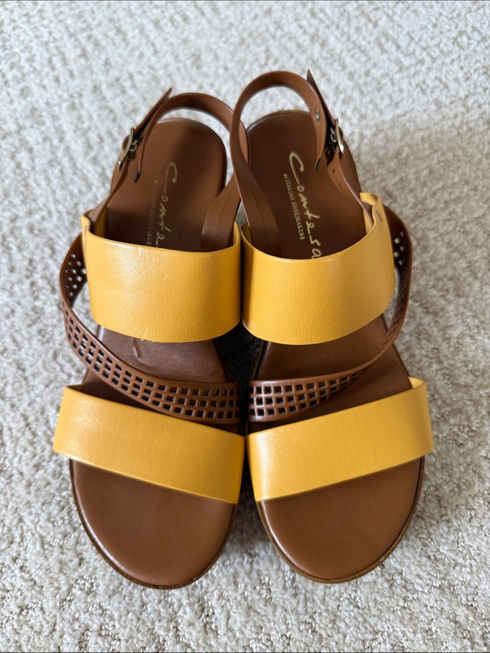 Comtesa Italian Shoemakers Leather Wedge Sandals Mustard Brown